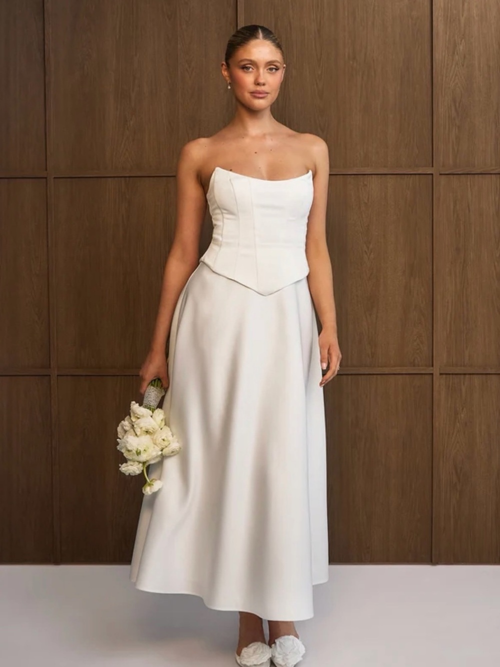 Strapless white A-Line bridal Dress with Corset Bodice